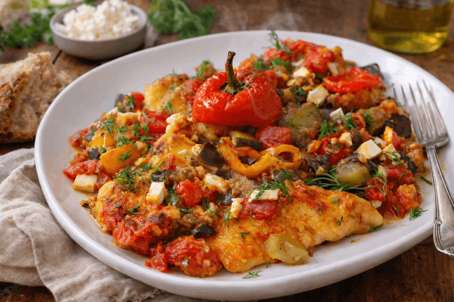 Средиземноморская курица с баклажанами и фетой